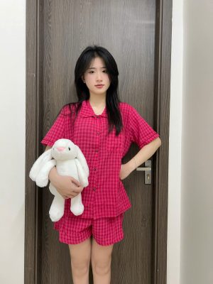 Bộ Đồ Ngủ Caro màu hồng dâu